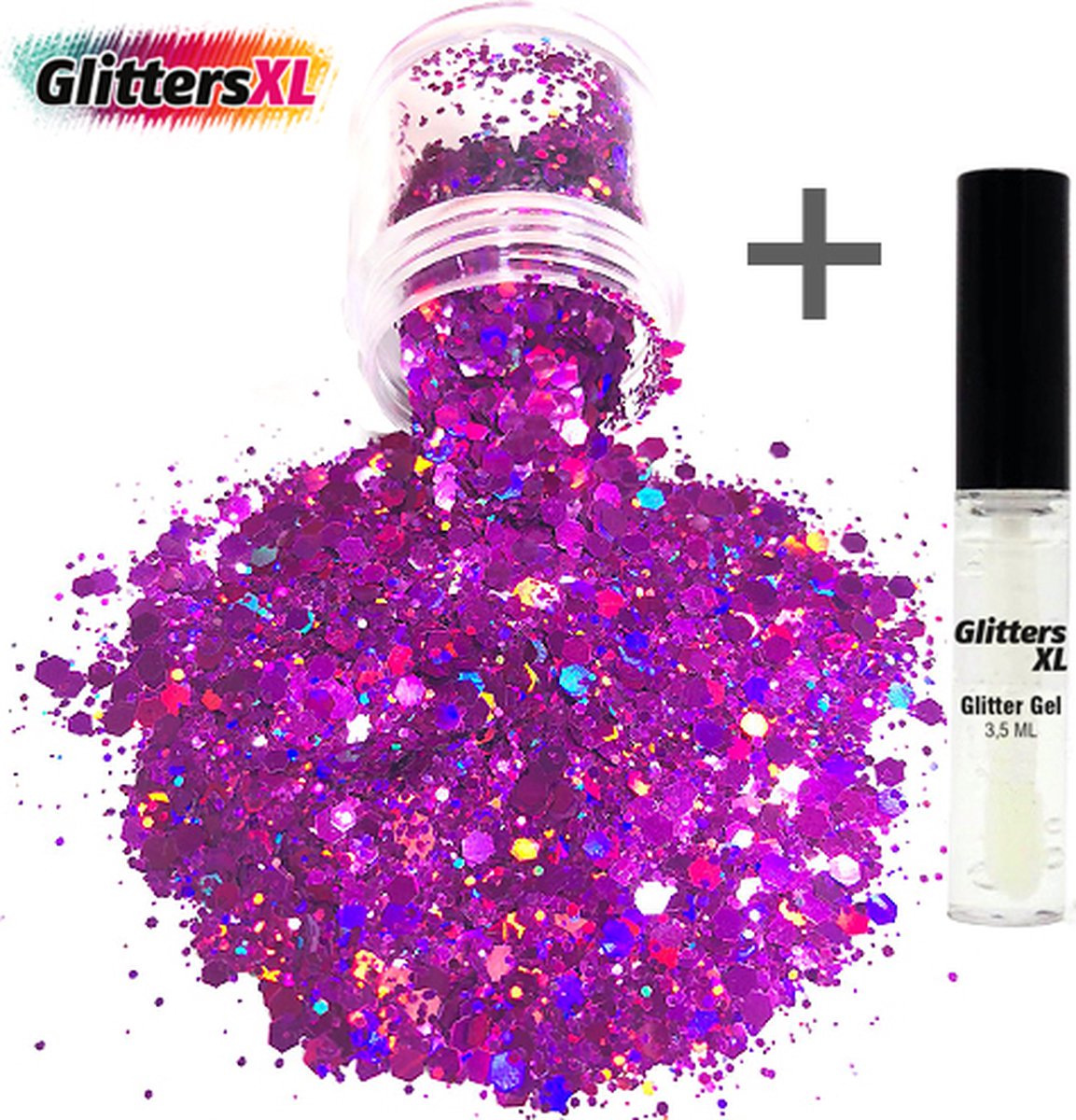 GlittersXL - Chunky Glitters (Paars) (Volume 8g) + Glitter Huid Lijm [Festival Makeup Gezicht Lichaam - Face Body Glitter - Biologisch afbreekbaar - Versiering Dames Volwassen Kinderen]